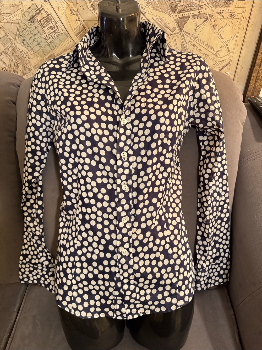 Navy Polka Dot Button-Down Shirt - Women's Long Sleeve | Size XS